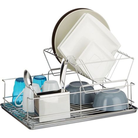 Panier égouttoir d'évier inox avec porte-couverts Récupérateur d'eau Dimensions H23,5 x L48 x P32 cm Argenté (1/5)