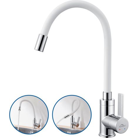 Auralum Robinet de Cuisine Flexible Bec Haut Orientable Librement Mitigeur Évier Laiton Robinet Evier Monotrou à Eau Chaude et Froide, Blanc (1/5)
