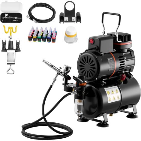 VEVOR Kit Aerographe avec Compresseur d’Air 1/6 HP et Reservoir, Compresseur Aerographe avec 1 Pistolet a Double Action, 1 Buse, Tuyau, Peinture Acrylique, 2 Ventilateurs, Decoration Patisserie