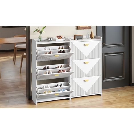Meuble à chaussures (avec 3 portes basculantes)  Meuble à chaussures d'entrée (avec 6 compartiments)  Meuble décoratif  Meuble de rangement pour salon  Matériau : MDF  Finition thermopressée  Largeur  (1/4)