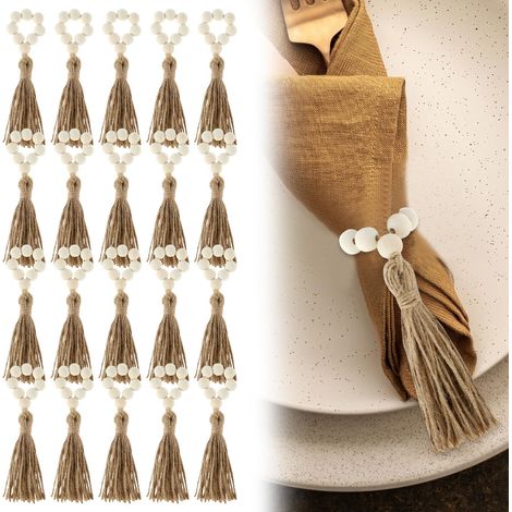 Lot de 20 ronds de serviette en bois, ronds de serviette naturels avec pompons, boucles de serviette avec perles en bois, pour mariage, Noël, ferme, décoration de table (A, 20 pièces) (1/5)
