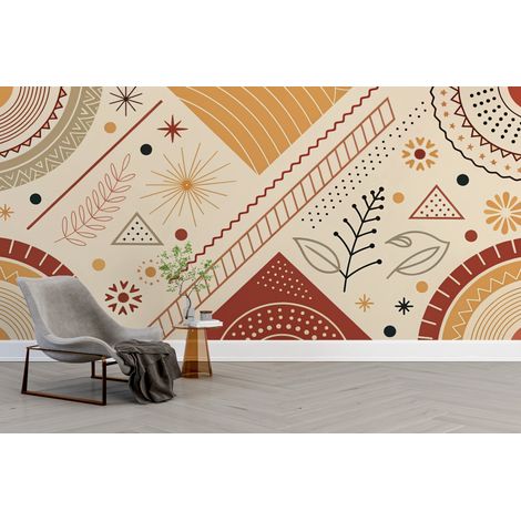Papier peint géométrique - rosaces et motifs ethniques terracotta - 150 x 250 cm (1/2)