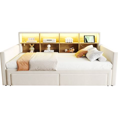 Ausziehbett 90 x 190 cm, 2 Schlafplätze mit 2 Schubladen, LED, USB und Typ-C, ohne Matratze, Beige (1/5)