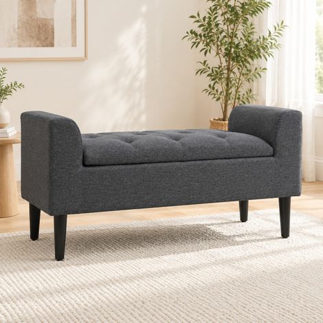 Banco baúl con almacenaje, 116 x 44 x 58 cm, tejido efecto lino gris oscuro OKMYHOME (1/5)