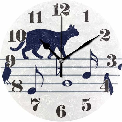 Horloge murale silencieuse sans tic-tac, notes de musique rondes avec chats, oiseaux, horloge artistique pour maison, chambre à coucher, bureau facile à lire thsinde (1/5)