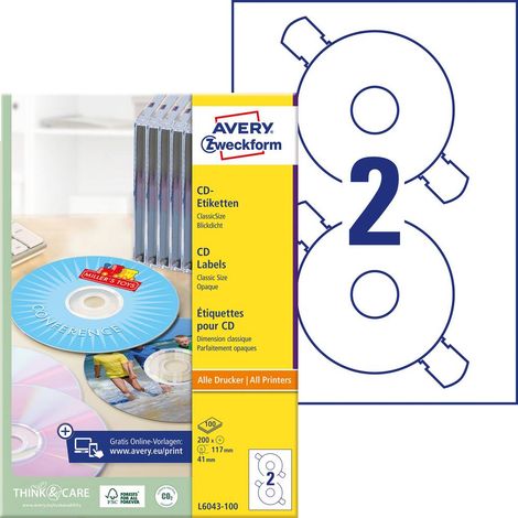 Avery-Zweckform L6043-100 Etichetta per CD Ø 117 mm Carta Bianco 200 pz. A tenuta permanente Stampante a getto d'inchio (1/5)