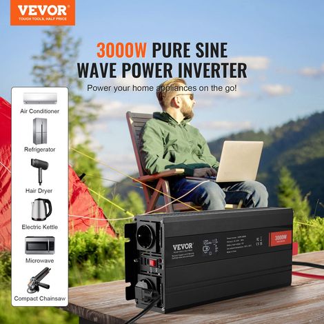 Onduleur à onde sinusoïdale pure, 3000 W, onduleur CC 12 V vers CA 230 V avec 2 prises CA, 2 ports USB, 1 port Type-C, écran LCD et… (1/5)