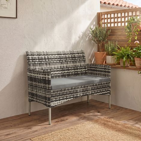 Canapé 2 places en rotin PE pour jardin, sofa terrasse extérieur avec coussins, tapis antidérapants, structure en acier, gris clair (1/5)