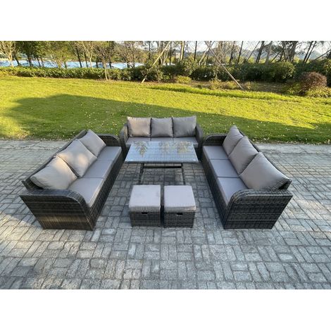 Fimous 11 Seater Wicker Rattan Garden Furniture Set with Rectangular Dining Table 2 Small Footstools Patio Outdoor Lounge Sofa Set