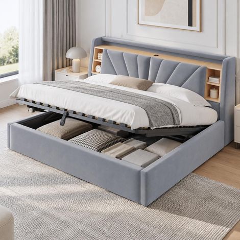 Lit coffre 90 x 200 cm, canapé-lit, éclairage LED et ports USB, dossier avec étagère et rangement, sommier à lattes en bois, cadre en métal, velours, Gris foncé (1/5)