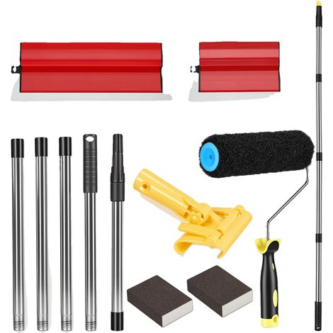 Set di lame per lisciare il cartongesso, lame in acciaio inox, asta telescopica, colore rosso (1/2)