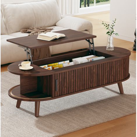 Mesa de centro elevable 120x50x39,5 cm en MDF nogal, con almacenaje integrado, para salón – MEUBLIV (1/5)