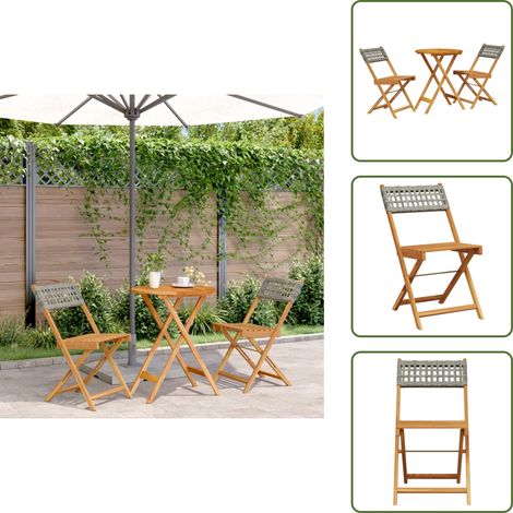 The Living Store Ensemble de bistro 3 pcs gris résine tressée et bois massif - Meubles De Jardin - Salon De Jardin - Ensemble De Bistro - Mobilier Extérieur - Table Pliante