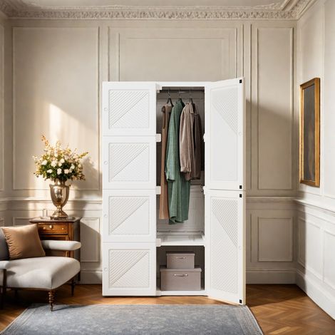 Armoire portable pliable de rangement penderie Blanc - 69 x 50 x 136 cm - Matériau PP - Compartiments et tringle à vêtements - Pour salon et chambre