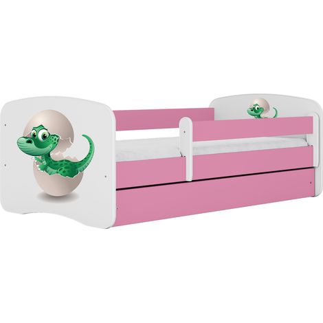 Lit enfant et adolescent 80 x 160 cm avec tiroir et barrière amovible rose, motif petit dinosaure (1/5)