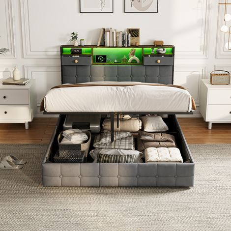 Doppelbett 140x200 mit bettkasten, Polsterbett mit LED-Beleuchtung und USB Ladeanschluss, Bettgestell 140x200 mit Hydraulisch Stauraum und Kopfteil, Jugendbett mit Lattenrost, Samt, Grau