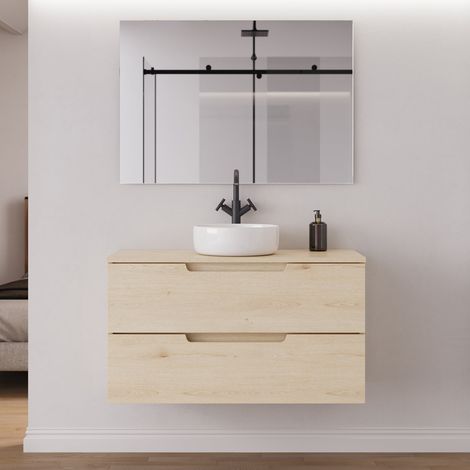 Meuble de salle de bain 100cm avec plateau et vasque à poser ronde - 2 tiroirs - roble calima (bois clair) - SONRIZA (1/5)