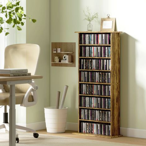 Meuble de rangement pour CD DVD 8 compartiments avec 6 étagères réglables, capacité maximale 360 CD/185 DVD et Blu-ray, teinte chêne