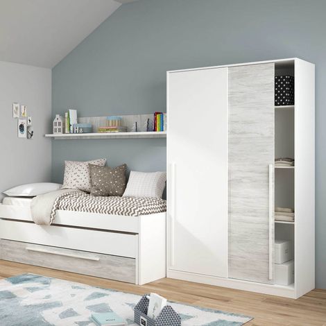 Penderie coulissante 2 portes blanche 200x120x50cm – Panneaux mélaminés écologiques – Supporte jusqu'à 50kg – Étagères réglables – Fanmuebles