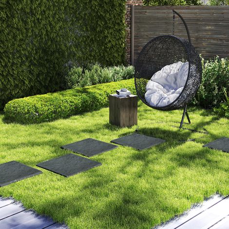 Lot de Dalles de Jardin Carrées Beige et Gris 39,5 x 39,5 cm, Pavage Décoratif en PP Tous Temps, Surface Anti-Dérapante avec Piquets de Fixation, Chemin de Pelouse et Extérieur (1/5)