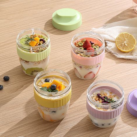 Ensemble de 4 tasses de yaourt de 480 ml, tasse de voyage pour grains de petit-déjeuner mélangés avec cuillère, tasse de voyage pour salade, boîte à lunch pour farine d'avoine et fruits. (1/5)