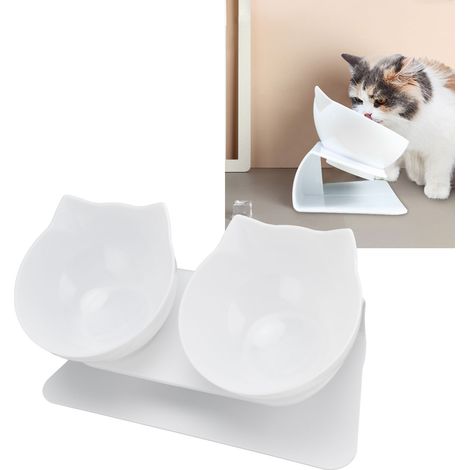 Gamelle double pour chat avec support pour le cou, ouverture inclinée, inclinaison de 15 degrés, base blanche + gamelle blanche. (1/5)