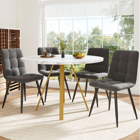 Ensemble table à manger 5 pièces ronde 80×80×75 cm, 4 chaises, MDF métal, velours, blanc doré, REDOM (1/5)