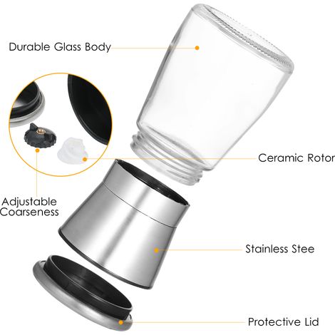 Moulin à sel et à poivre rechargeable, grossièreté réglable, en acier inoxydable 304, avec couvercle, support de pot d'assaisonnement (1/5)