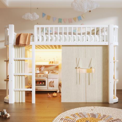 Lit mezzanine 90x200 cm – avec rideaux occultants led et rangements – métal et mdf – blanc (1/5)
