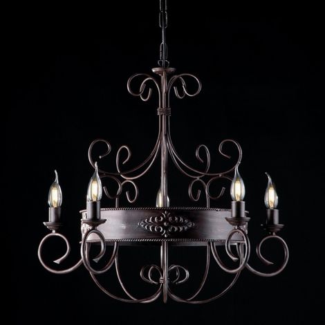 Araña de luces de hierro lacado negro con decoración de óxido 5 luces