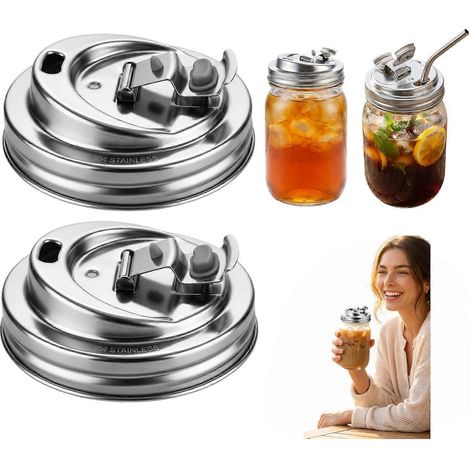 Couvercle acier inoxydable pour bocal Mason réutilisable large ouverture anti-fuite, compatible café glacé, boissons protéinées et coin café maison (1/5)