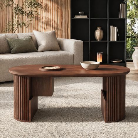 Mesa de centro ovalada 105 x 50 x 46,5 cm de MDF color nogal con almacenaje integrado OKMYHOME (1/5)