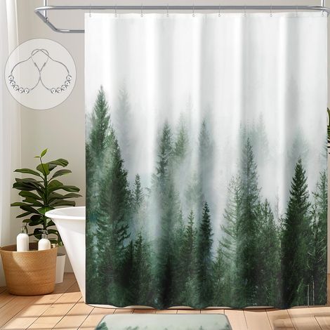 Rideau de Douche Vert forêt brumeuse, Rideau de Douche Nature, Rideau de Douche forestier, Rideau de Bain pour Salle de Bain, Rideau de Douche d'automne, Tissu Polyester (1/5)