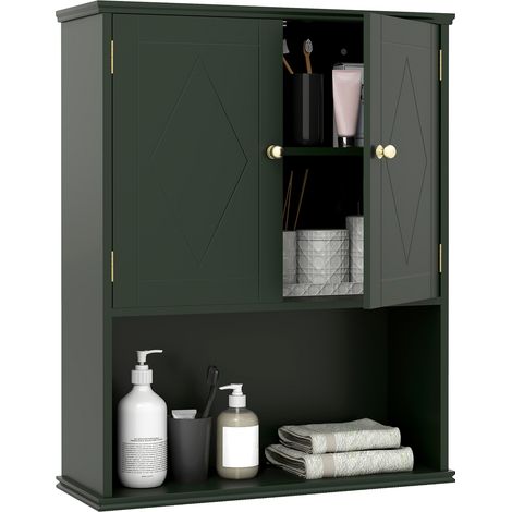 Armoire Murale Salle de Bain, Meuble WC Suspendu avec 2 Portes, Étagère Réglable, Compartiment Ouvert, Style Ferme, Gain de Place, Vert (1/5)