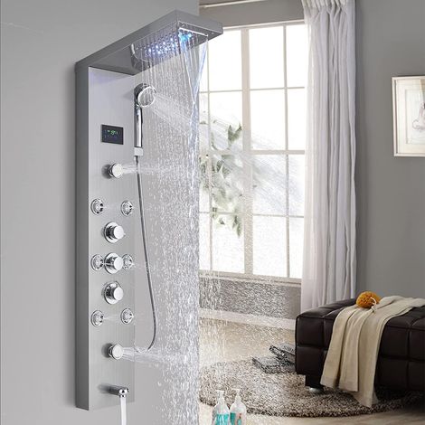 Shower Tower System Stainless Steel LED Rainfall Waterfall Shower Head LCD Display and Handheld Sprayer 8 Massage Jets Tub Spout,Brushed Nickel Finish (1/5)