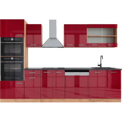 Mueble de cocina R-Line, Burdeos brillo intenso/roble dorado, 300 cm con armario alto, ET Antracita, Vicco