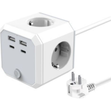 Multiprise cube 4 prises et 3 ports USB – Longueur 1.8m – Interrupteur marche/arrêt – Indicateur de batterie faible intégré - 4Prises