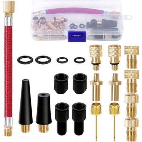Embout de gonflage 21 pièces en cuivre de haute qualité – Compatible valves DV, SV, AV – Boîte de rangement incluse – Pour vélos, ballons, matelas (1/5)