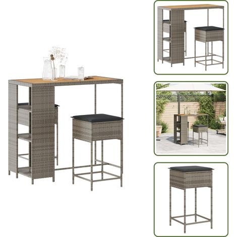 Tavolo da giardino - vidaXL Set Bar da Giardino 3pz con Cuscini Grigio in Polyrattan - Rattan PE