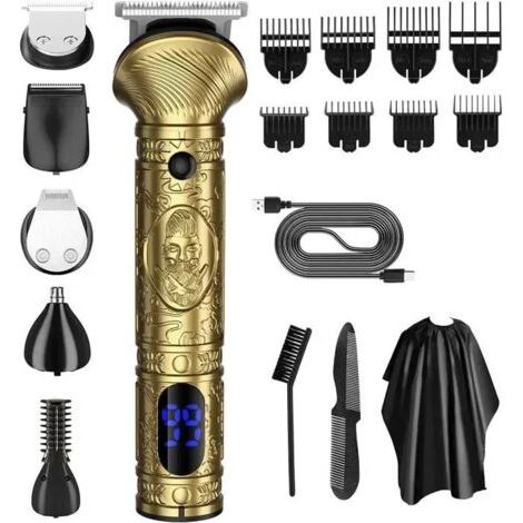 Set recortador profesional 6 en 1 para hombres, que incluye una afeitadora de barba eléctrica con 3 cabezales de afeitado y una pantalla LCD.