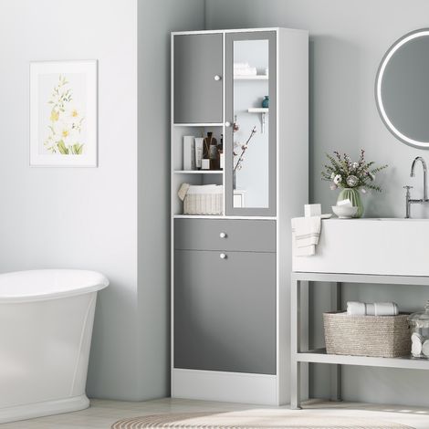 Badezimmerschrank mit Wäschekorb und Spiegel, verstellbarem Einlegeboden, 62 x 28,3 x 181 cm, grau und weiß
