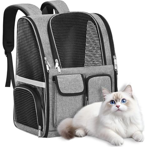Mochila para gatos – Bolsa transportadora transpirable con gran capacidad, múltiples cremalleras, tiras reflectantes y cómodas correas para los hombros – Bolsa transportadora para gatos