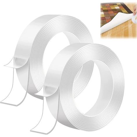 Lot de 2 rubans adhésifs double face transparents - Nano ruban adhésif double face - 2 cm - Résistants à l'eau et réutilisables - Longueur : 3 m - Pour fixation sur moquette et mur (1/5)