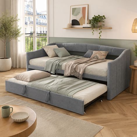 Canapé Lit 90x200 cm, Lit Gigogne 2 en 1 avec Sommier à Lattes, Canapé-lit capitonné, Lit Extensible, Velours Gris (1/5)
