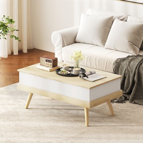 Mesa de Centro Elevable con 3 Compartimientos de Almacenaje Ocultos y Patas de Madera 100x79x54 cm Natural y Blanco (1/5)