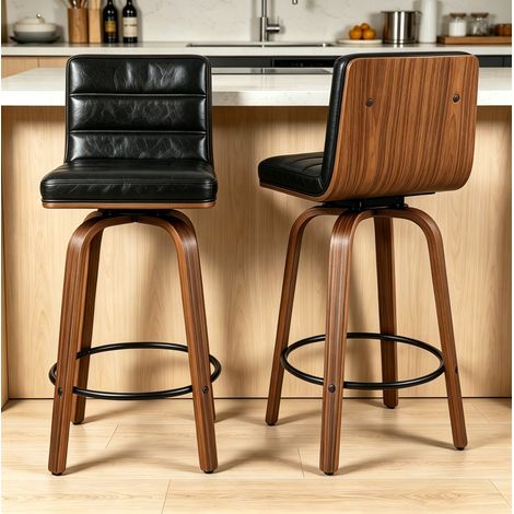 Drehbarer Barhocker Aus Kunstleder, Ergonomische Rückenlehne, Fußring, Holz Und Metall, Schwarz (1/5)