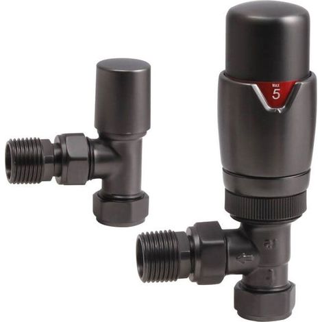 Heatwave Prime Brushed Gunmetal Angled Thermostatic Radiator Valve Set