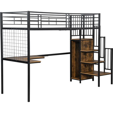 Metall-Hochbett 90x200 cm schwarz und dunkles Holz mit Schreibtisch und Schrank MODENUIT (1/5)