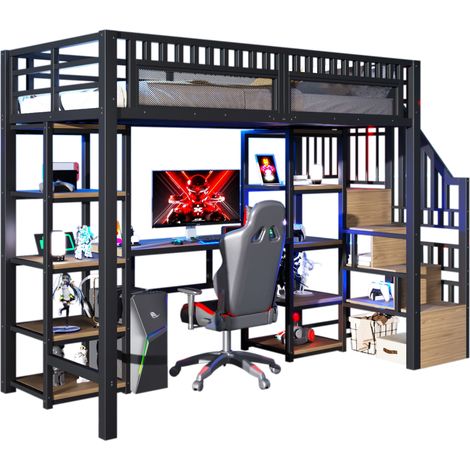 Lit mezzanine 90 x 200 cm en métal avec bureau, étagères, escalier de rangement, LED multicolore et ports USB, noir, sans matelas, pour chambre ado CHICFURN (1/5)
