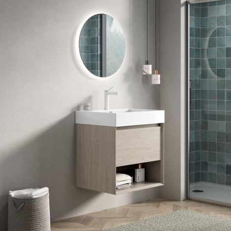 Mobile bagno sospeso 55x46x60 cm - mobile sottolavabo sospeso con lavabo integrato in resina - multistrato e resina - bianco